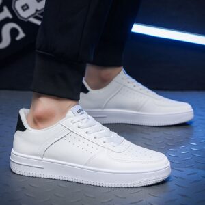 Youth Men's Clean White Casual Sneakers Man - Breathable PU Leather Shoes Viatu vya Kiume with Non-Slip Wear-Resistant Rubber Sole & Lace-Up for College Street Style
