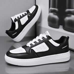 Youth Men's Minimalist Casual Sneakers Man - Black & White Versatile PU Leather Shoes Viatu vya Kiume with Non-Slip Wear-Resistant Rubber Sole & Lace-Up for Student Campus Street Style