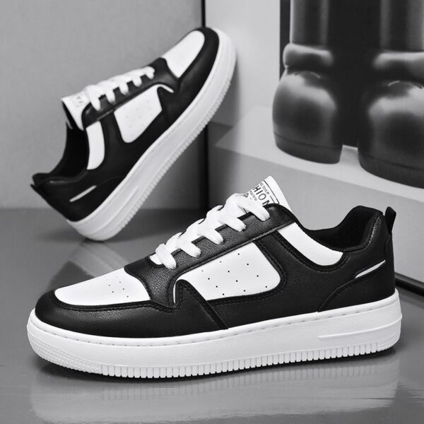 Youth Men's Minimalist Casual Sneakers Man - Black & White Versatile PU Leather Shoes Viatu vya Kiume with Non-Slip Wear-Resistant Rubber Sole & Lace-Up for Student Campus Street Style