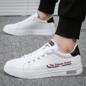 Youth Men's Casual Sneakers Man - White Versatile Breathable PU Leather Shoes Viatu vya Kiume with Non-Slip Wear-Resistant Rubber Sole & Lace-Up for Urban Street Fashion