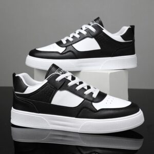 Youth Men's Casual Sneakers Man - Black & White Minimalist Breathable PU Mesh Shoes Viatu vya Kiume with Non-Slip Wear-Resistant Rubber Sole & Lace-Up for Student Campus Street Style