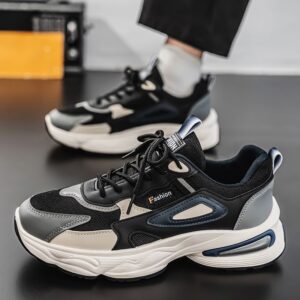 Hot New Men's Dad Sneakers Man - Black Fashion Versatile PU Leather Shoes Viatu vya Kiume with Non-Slip Wear-Resistant Rubber Sole & Lace-Up for Urban Street Style