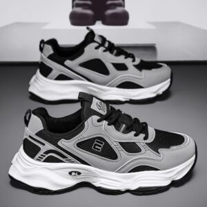 Hot Men's Dad Sneakers Man - Black Breathable Mesh PU Leather Shoes Viatu vya Kiume with Non-Slip Wear-Resistant Rubber Sole, Trendy Style for Student Campus & Urban Street