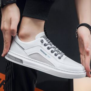Youth Men's Casual Sports Sneakers Man - White Breathable Mesh PU Leather Shoes Viatu vya Kiume with Non-Slip Wear-Resistant Rubber Sole, Lace-Up for Urban Street Style