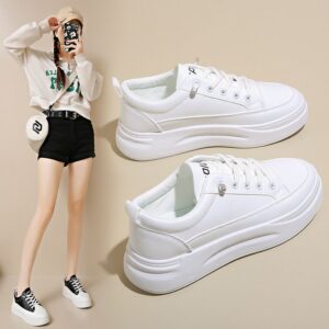Women's White Platform Sneakers - Breathable Casual Shoes for Students, Trendy Korean Style Loafer with Height Increasing Comfort - 1 Women's White Platform Sneakers - Breathable Casual Shoes for Students, Trendy Korean Style Loafer with Height Increasing Comfort