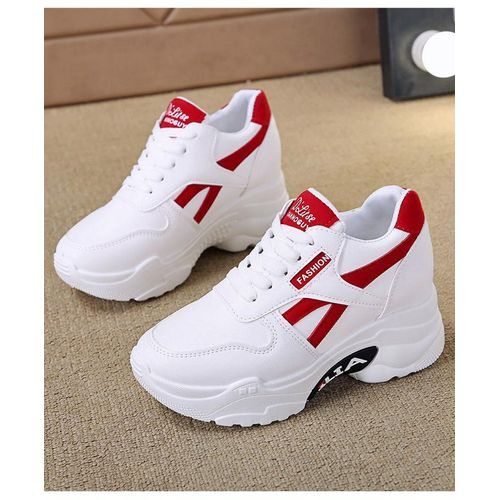 Ladies Height-Increasing Women Sneakers – White-Red Breathable Casual Shoes with Comfortable Fit – Daily Fashion