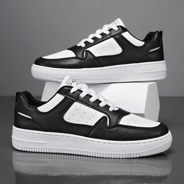 Youth Men's Minimalist Casual Sneakers Man - Black & White Versatile PU Leather Shoes Viatu vya Kiume with Non-Slip Wear-Resistant Rubber Sole & Lace-Up for Student Campus Street Style