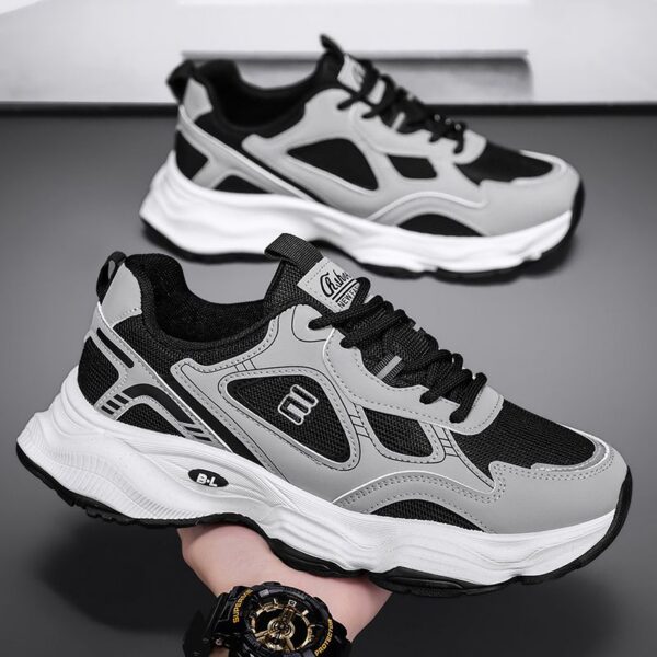 Hot Men's Dad Sneakers Man - Black Breathable Mesh PU Leather Shoes Viatu vya Kiume with Non-Slip Wear-Resistant Rubber Sole, Trendy Style for Student Campus & Urban Street