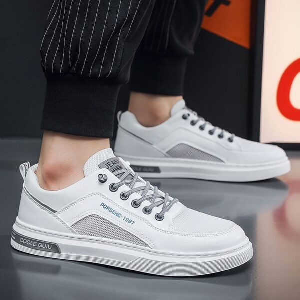 Youth Men's Casual Sports Sneakers Man - White Breathable Mesh PU Leather Shoes Viatu vya Kiume with Non-Slip Wear-Resistant Rubber Sole, Lace-Up for Urban Street Style - 2 Youth Men's Casual Sports Sneakers Man - White Breathable Mesh PU Leather Shoes Viatu vya Kiume with Non-Slip Wear-Resistant Rubber Sole, Lace-Up for Urban Street Style