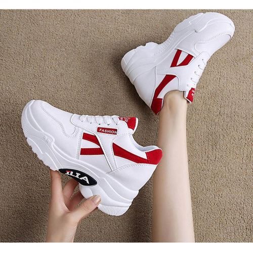 Ladies Height-Increasing Women Sneakers – White-Red Breathable Casual Shoes with Comfortable Fit – Daily Fashion