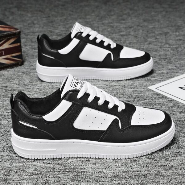 Youth Men's Minimalist Casual Sneakers Man - Black & White Versatile PU Leather Shoes Viatu vya Kiume with Non-Slip Wear-Resistant Rubber Sole & Lace-Up for Student Campus Street Style