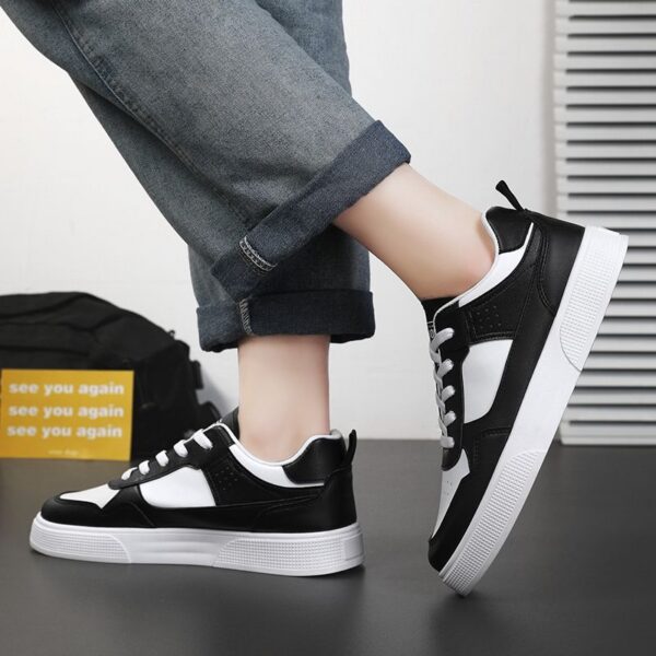 Youth Men's Casual Sneakers Man - Black & White Minimalist Breathable PU Mesh Shoes Viatu vya Kiume with Non-Slip Wear-Resistant Rubber Sole & Lace-Up for Student Campus Street Style