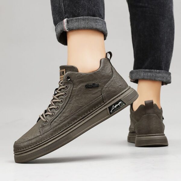 Youth Men's Mid/High Top British Style Sneakers Man - Leather Look PU Casual Shoes Viatu vya Kiume with Non-Slip & Wear-Resistant Rubber Sole & Lace-Up for Urban Fashion