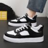 Youth Men's Casual Sneakers Man - Black & White Minimalist Breathable PU Mesh Shoes Viatu vya Kiume with Non-Slip Wear-Resistant Rubber Sole & Lace-Up for Student Campus Street Style