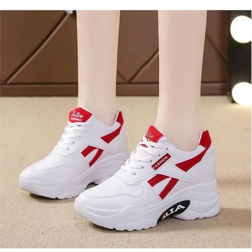 Ladies Height-Increasing Women Sneakers – White-Red Breathable Casual Shoes with Comfortable Fit – Daily Fashion